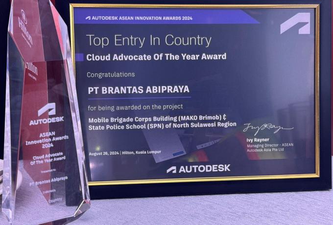 PT Brantas Abipraya meraih prestasi gemilang di tingkat internasional, yakni Autodesk ASEAN Innovation Awards 2024 dalam kategori Cloud Advocate.